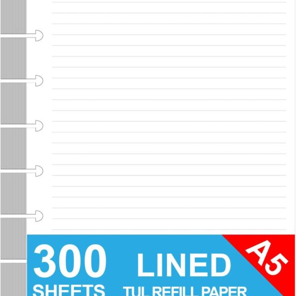 Junior Size Discbound Refill Paper - 8 Discs Discbound Paper, Lined Arc Paper Refill, 100gsm, Disc Paper Refill White Paper, 300 Sheets/600 Pages, 5.8 X 8.25 in