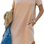 YEXIPO Women's Casual Summer Short Sleeve T Shirt Dress Nightgown Crew Neck Loose Solid Color Basic Dresses with Pockets