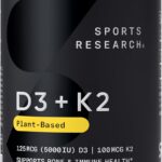 Sports Research Vitamin D3 + K2 w/ Coconut Oil - Vegan Vitamin D 5000iu & Mk7 Vitamin K 100mcg for Bone & Immune Support - Vegan Certified  Non-GMO  Soy Free - 60 Softgels