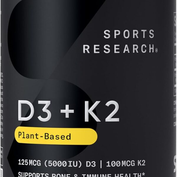 Sports Research Vitamin D3 + K2 w/ Coconut Oil - Vegan Vitamin D 5000iu & Mk7 Vitamin K 100mcg for Bone & Immune Support - Vegan Certified  Non-GMO  Soy Free - 60 Softgels