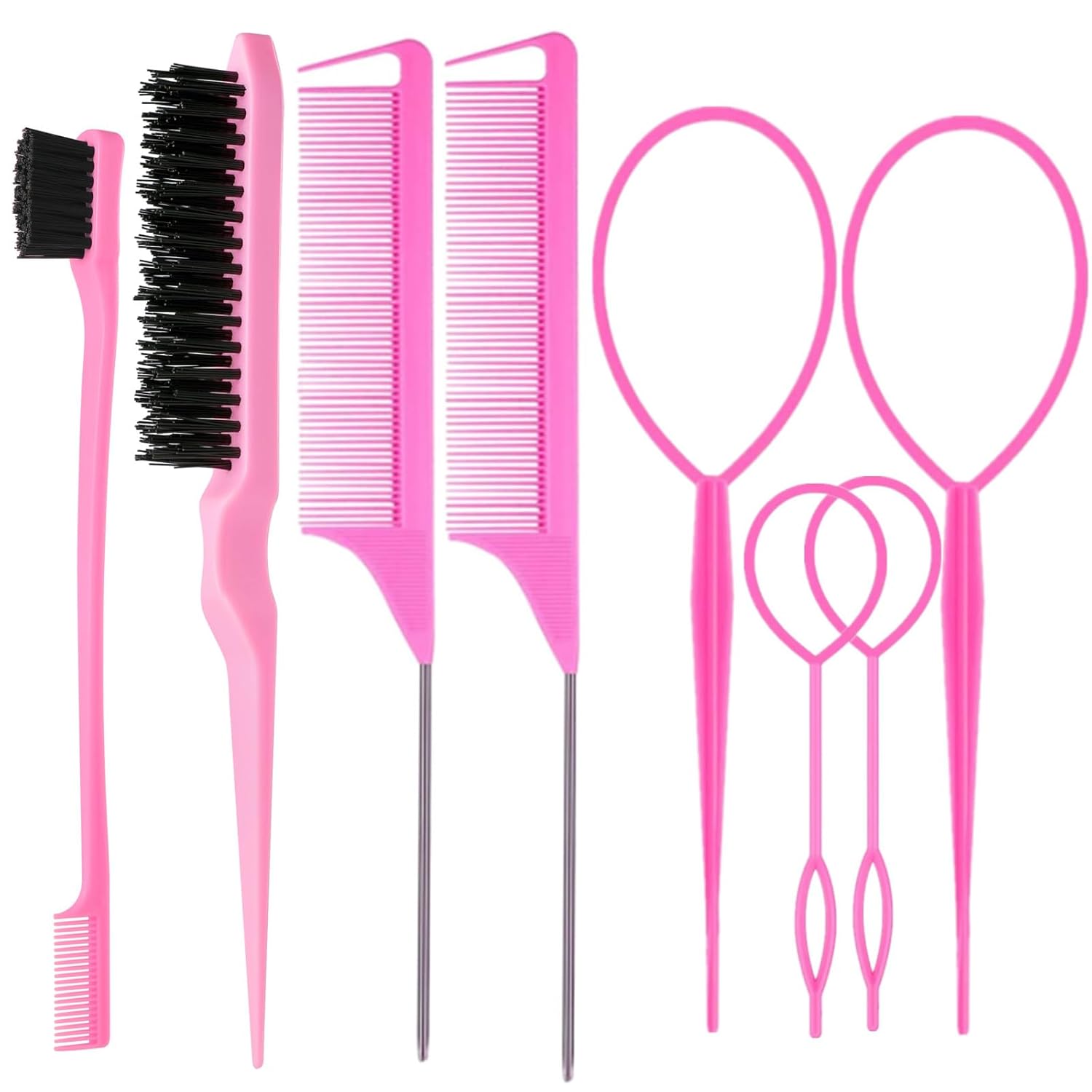 ZVOREI 8Pcs Hair Brushes Set with 4Pcs Topsy Hair Tail Tools 1Pcs Bristle Teasing Hair Brush 1Pcs Edge Control Brush 2Pcs Metal Pin Rat Tail Combs for Woman Girl hair Styling,Edge&Back Brushing,Pink ZVOREI 8Pcs Hair Brushes Set with 4Pcs Topsy Hair Tail Tools 1Pcs Bristle Teasing Hair Brush 1Pcs Edge Control Brush 2Pcs Metal Pin Rat Tail Combs for Woman Girl hair Styling,Edge&Back Brushing,Pink