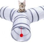 Cat Tunnel, Collapsible Tube with 1 Play Ball Toys, 3 Ways Tunnels for Indoor Cats, Puppy, Kitty, Kitten, Rabbit (White and Gray)