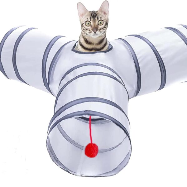 Cat Tunnel, Collapsible Tube with 1 Play Ball Toys, 3 Ways Tunnels for Indoor Cats, Puppy, Kitty, Kitten, Rabbit (White and Gray)