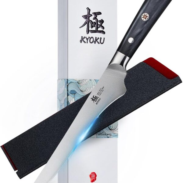 KYOKU 6.5" Boning Knife for Meat Cutting, Samurai Series Filet Knife with Pakkawood Handle, Japanese Style High Carbon Steel, Full Tang Kitchen Knife for Lamb Chop Pork Shoulder with Sheath and Case