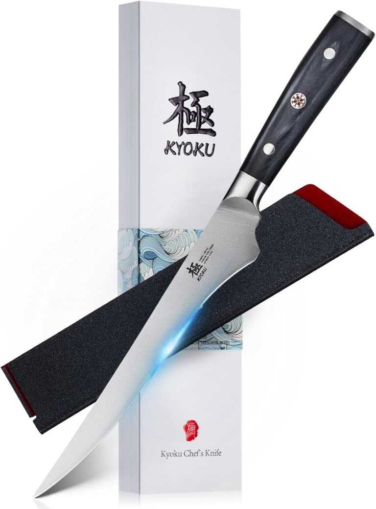 KYOKU 6.5" Boning Knife for Meat Cutting, Samurai Series Filet Knife with Pakkawood Handle, Japanese Style High Carbon Steel, Full Tang Kitchen Knife for Lamb Chop Pork Shoulder with Sheath and Case
