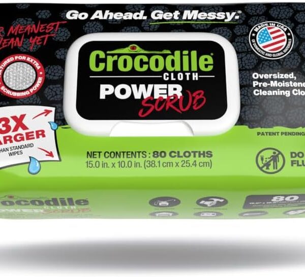 Crocodile Cloth PowerSCRUB Cleaning Wipes  80 (15" x 10") Dual-Surface Cloths, Heavy-Duty, Moist, Absorbent, & Disposable - Safe on Skin & Multiple Surfaces