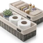 Brookstone Wicker Storage Basket Two Pack Set, Bathroom and Closet Organizers and Storage Bins with Fabric Liner, Grey