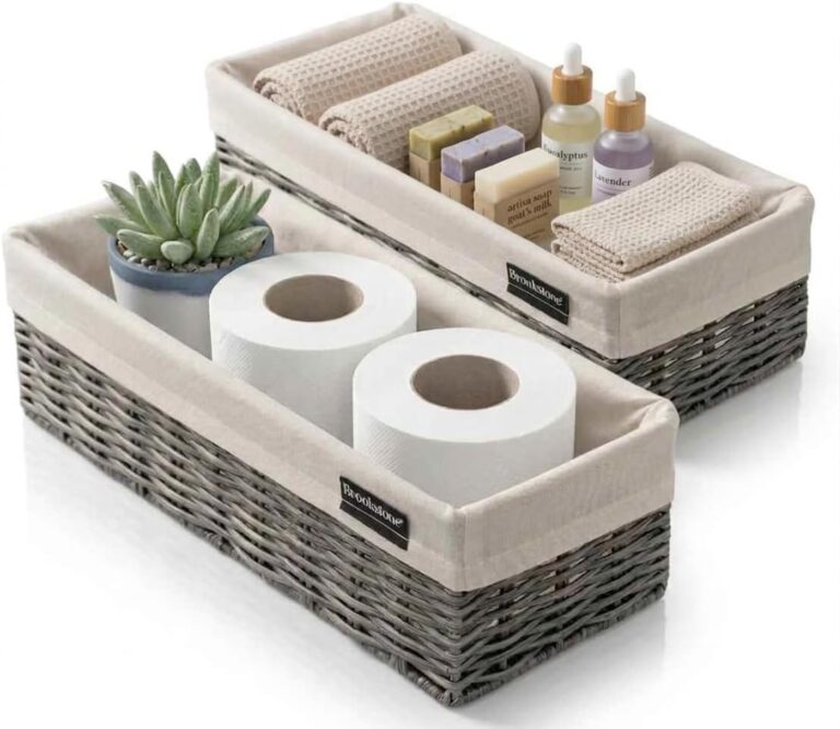 Brookstone Wicker Storage Basket Two Pack Set, Bathroom and Closet Organizers and Storage Bins with Fabric Liner, Grey