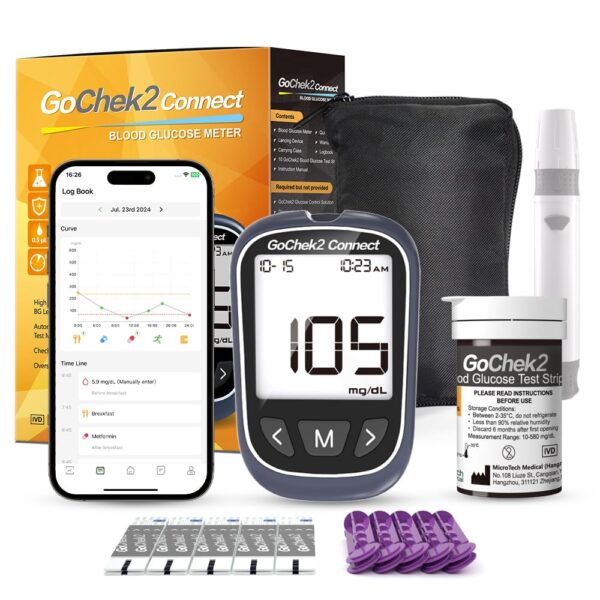 MicroTech Bluetooth Blood Sugar Testing Kit 10 Strips & Lancets, Free App, No Coding, 500 Storage
