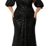 Women's Plus Size Off Shoulder Puff Sleeve Sequin Formal Maxi Dress Evening Party Gowns