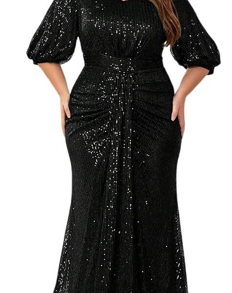Women's Plus Size Off Shoulder Puff Sleeve Sequin Formal Maxi Dress Evening Party Gowns