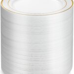 Munfix 100 Gold Plastic Plates Set, 7 Inch Disposable Dessert Appetizer Plates, Elegant Fancy Heavy Duty for Party, Wedding, White with Gold Rim