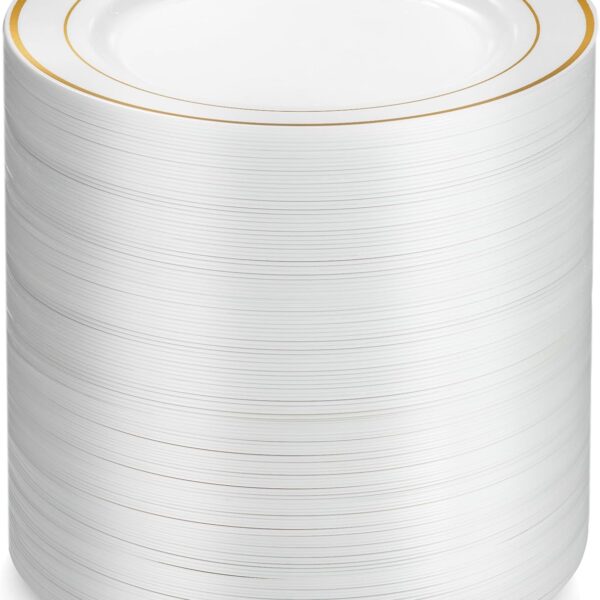 Munfix 100 Gold Plastic Plates Set, 7 Inch Disposable Dessert Appetizer Plates, Elegant Fancy Heavy Duty for Party, Wedding, White with Gold Rim