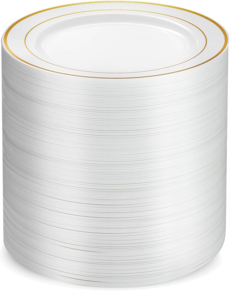 Munfix 100 Gold Plastic Plates Set, 7 Inch Disposable Dessert Appetizer Plates, Elegant Fancy Heavy Duty for Party, Wedding, White with Gold Rim