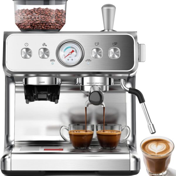 COWSAR 20 Bar Espresso Machine with Grinder & Milk Frother Steam Wand, 58mm Expresso Coffee machines, Commercial Stainless Steel Coffee Maker for Cappuccino and Latte, Perfect for Home Caf-Sliver