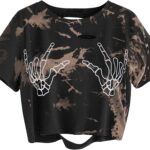AVANOVA Women Skull Finger Graphic Distressed Tee Shirt Ripped Short Sleeve Crop Tops