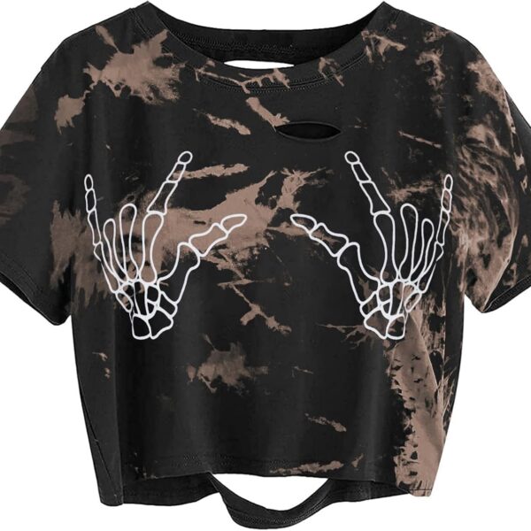 AVANOVA Women Skull Finger Graphic Distressed Tee Shirt Ripped Short Sleeve Crop Tops
