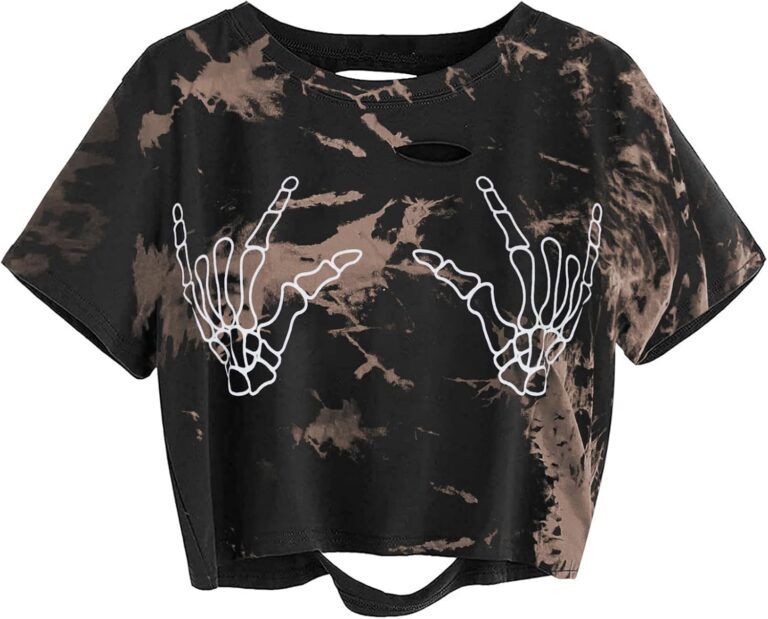 AVANOVA Women Skull Finger Graphic Distressed Tee Shirt Ripped Short Sleeve Crop Tops