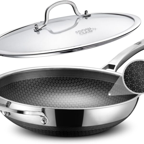 SNOWCLAD Wok, 13 Inch Hybrid Woks & Stir-fry Pans Nonstick, Non Toxic Stainless Steel Wok Pan with Lid, Dishwasher Induction Oven Broiler Safe, PFOA Free Cookware Non Stick