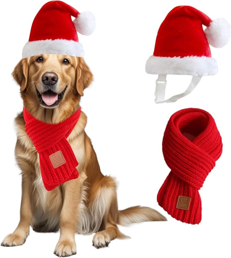 Santa Hat & Scarf Set for Medium Large Dogs, 2 PCS Adjustable Dog Christmas Costume, Fall Winter(Hat & Scarf,Large)