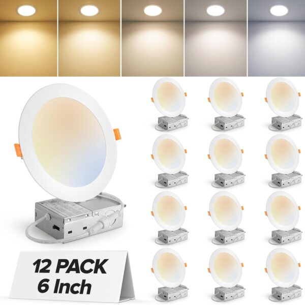 MAILCOS 12 Pack 6 Inch 5CCT Ultra-Thin LED Recessed Ceiling Light with Junction Box, 2700K-5000K Selectable, 1050LM High Brightness, Dimmable Canless Wafer Downlight, 12W 120V, ETL