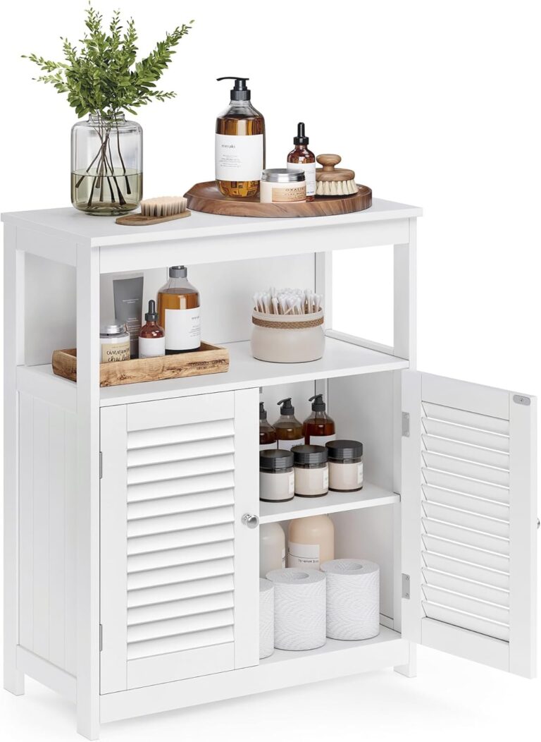 VASAGLE Bathroom Floor Cabinet, Bathroom Storage Cabinet, Freestanding, with Double Shutter Doors and Adjustable Shelf, for Living room, Entryway, Kitchen, White UBBC40WTV1
