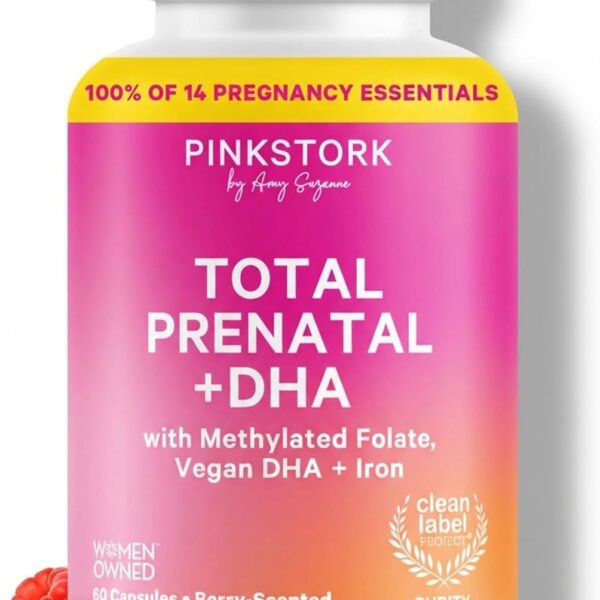 Pink Stork Total Prenatal Vitamins | DHA, Folate, Iron, Choline, Vitamin B12 | Prenatals for Women to Support Fetal Development | Pregnancy Essentials | Clean Label Award Winner | 60 Capsules, Berry