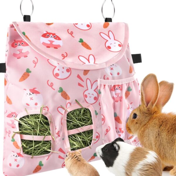 Bissap Rabbit Hay Feeder Bag, 2 Holes Hanging Hay Feeder Guinea Pig Hay Bag with Side Pocket for Rabbits Bunny Chinchillas Hamsters Rats and Other Small Pets Small Animal - Pink