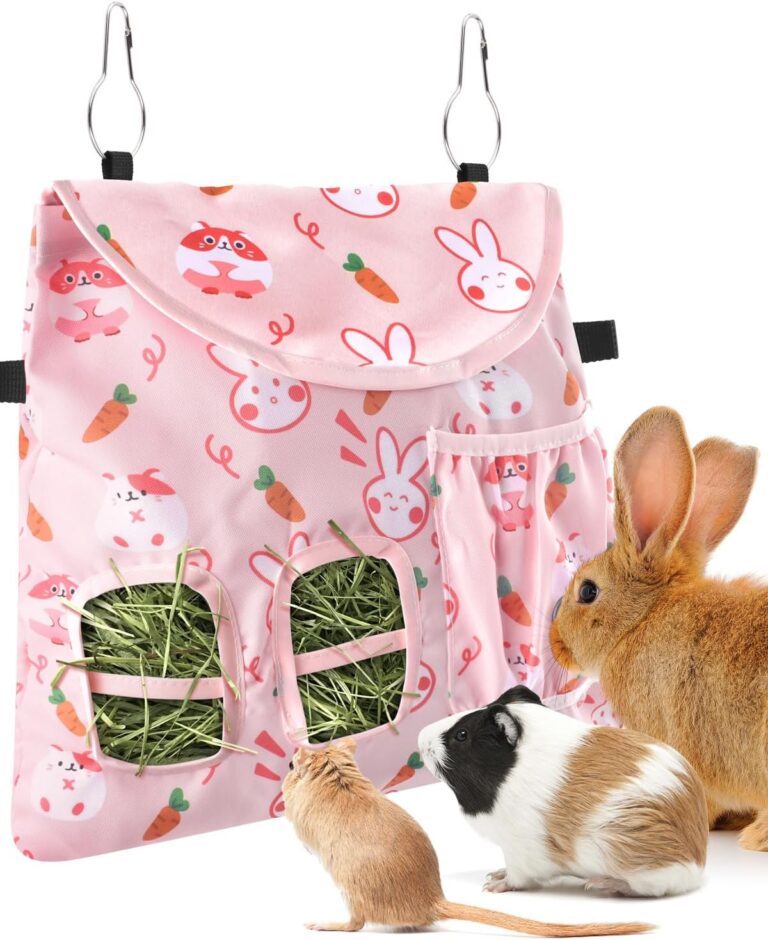 Bissap Rabbit Hay Feeder Bag, 2 Holes Hanging Hay Feeder Guinea Pig Hay Bag with Side Pocket for Rabbits Bunny Chinchillas Hamsters Rats and Other Small Pets Small Animal - Pink