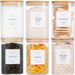 6 Pack Square Kitchen Storage Jars with Airtight Bamboo Lids and 132 Pantry Labels - 35oz Glass Canisters With Wood Lids - Food Storage Containers for Coffee, Cookie, Tea, Spice