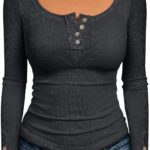 Kissfix Long Sleeve Shirts for Women Fall Winter Henley Tops Business Casual Ribbed Blouses Date Night Trendy Outfits