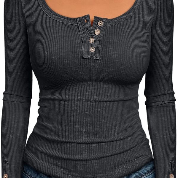 Kissfix Long Sleeve Shirts for Women Fall Winter Henley Tops Business Casual Ribbed Blouses Date Night Trendy Outfits
