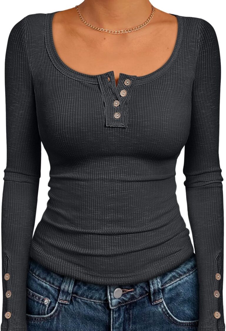 Kissfix Long Sleeve Shirts for Women Fall Winter Henley Tops Business Casual Ribbed Blouses Date Night Trendy Outfits