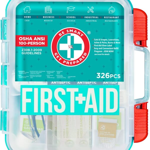 Be Smart Get Prepared First Aid Kit, Teal, 326 Piece, Exceeds OSHA and ANSI Guidelines 100 People - Office, Home, Car, School, Emergency, Survival, Camping, Hunting and Sports