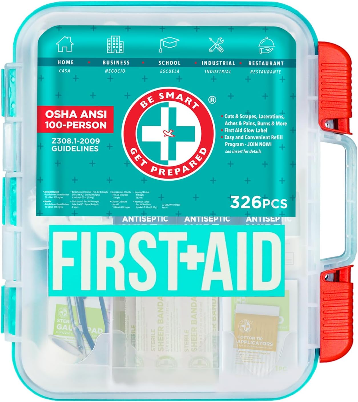 Be Smart Get Prepared First Aid Kit, Teal, 326 Piece, Exceeds OSHA and ANSI Guidelines 100 People - Office, Home, Car, School, Emergency, Survival, Camping, Hunting and Sports Be Smart Get Prepared First Aid Kit, Teal, 326 Piece, Exceeds OSHA and ANSI Guidelines 100 People - Office, Home, Car, School, Emergency, Survival, Camping, Hunting and Sports
