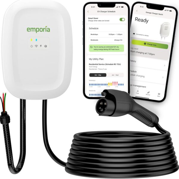 EMPORIA Level 2 EV Charger w/ J1772 Connector  48 Amp, 240V WiFi Enabled Electric Vehicle Charging Station, 25ft Cable, Hardwired with Whip, White
