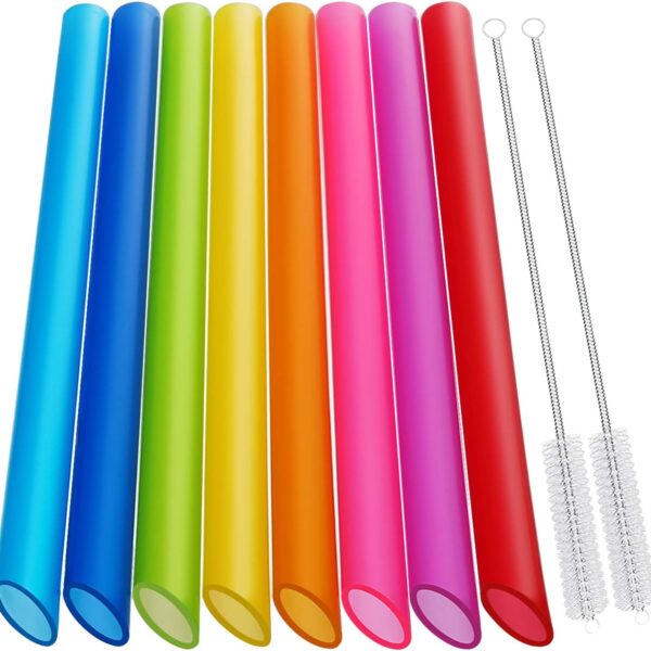 [Angled Tips] 8 Pcs Reusable Boba Straws & Smoothie Straws - Multi Colors Jumbo Wide Reusable Straw, BPA FREE Food-Grade Plastic Straw for Bubble Tea(Tapioca, Boba Pearls), Milkshakes with 2 Brushes