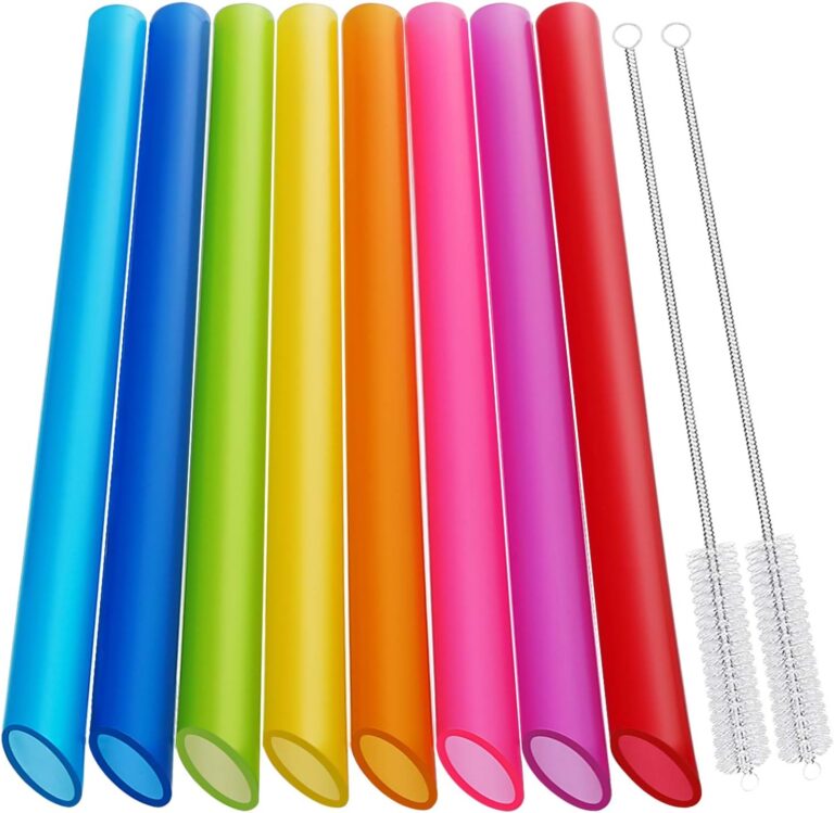 [Angled Tips] 8 Pcs Reusable Boba Straws & Smoothie Straws - Multi Colors Jumbo Wide Reusable Straw, BPA FREE Food-Grade Plastic Straw for Bubble Tea(Tapioca, Boba Pearls), Milkshakes with 2 Brushes