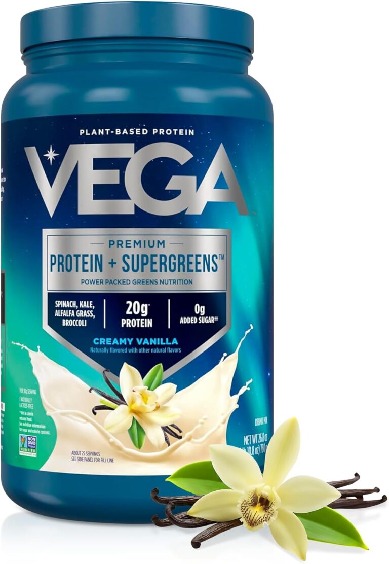 Vega Premium Protein + Supergreens - 20g Protein, Creamy Vanilla, 25 Servings, Spinach,Kale, Alfalfa Grass, Broccoli, 0g Added Sugar, Non-GMO, Gluten Free, Dairy Free, 1.68 lbs (Packaging May Vary)