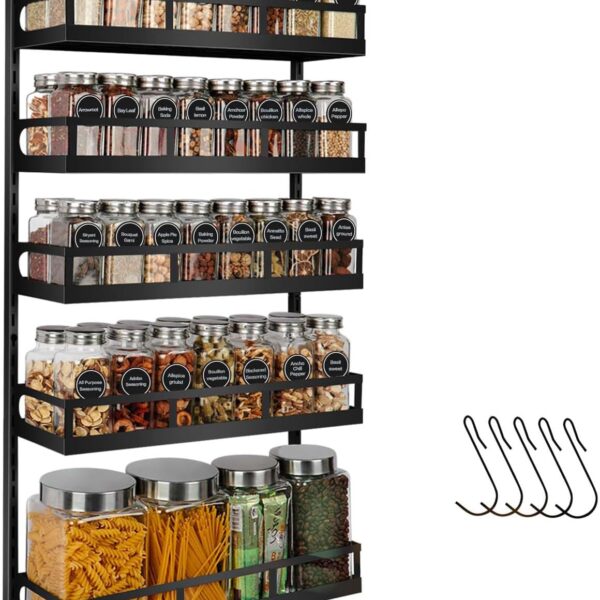 X-cosrack Wall Mount Spice Rack Organizer 5 Tier Height-Adjustable Hanging Spice Shelf Storage for Kitchen Pantry Cabinet, Dual-Use Seasoning Holder Rack with Hooks, Black-Patented