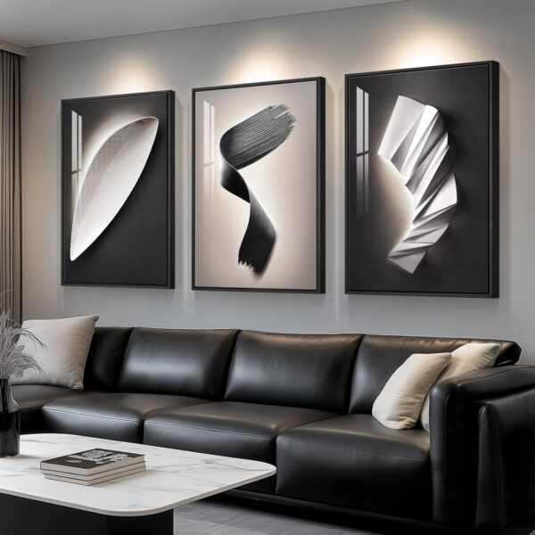 Large Framed Black and White Abstract Wall Art for Living Room, 3 Piece Modern Contemporary Pictures Artwork Decor, Geometric Luxury Bright Style Prints Paintings for Hallway and Office 24x36 Inch