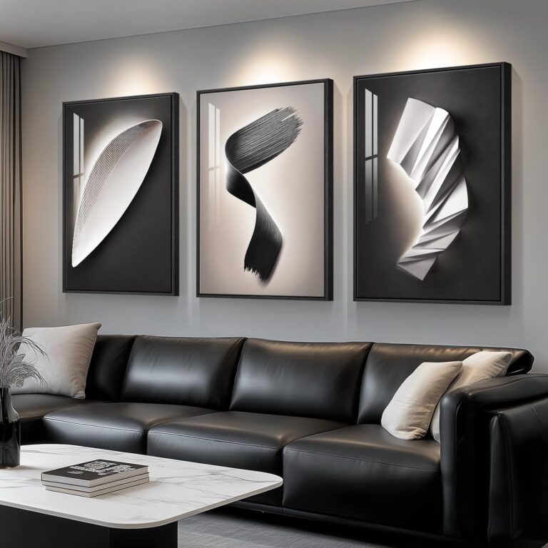 Large Framed Black and White Abstract Wall Art for Living Room, 3 Piece Modern Contemporary Pictures Artwork Decor, Geometric Luxury Bright Style Prints Paintings for Hallway and Office 24x36 Inch