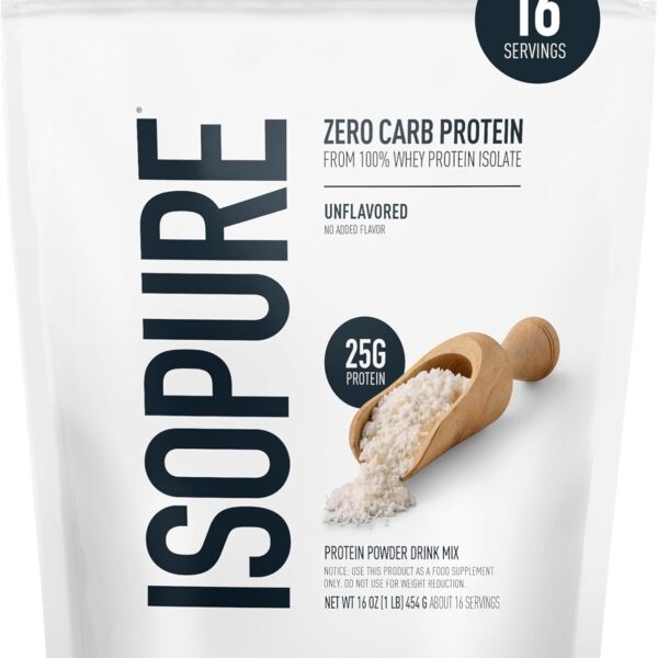 Isopure Zero Carb 100% Pure Whey Isolate Protein Powder, Gluten Free, with Vitamins, Unflavored, 25g Protein Per Serving, 1 Lb, 16 Servings (Packaging May Vary)