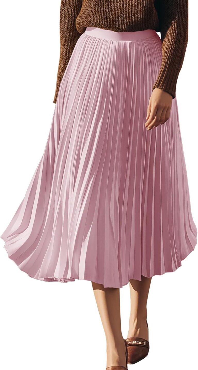 GRACE KARIN Pleated Midi Skirt for Women,Summer Chiffon Elastic High Waist Knee Length Skirts, Swing A-Line Boho Outfits
