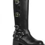 AMINUGAL Knee High Boots Women Square Toe Pull On Wide Calf Riding Fashion Buckles Chunky Metallic Casual Vintage Buckle Rivet