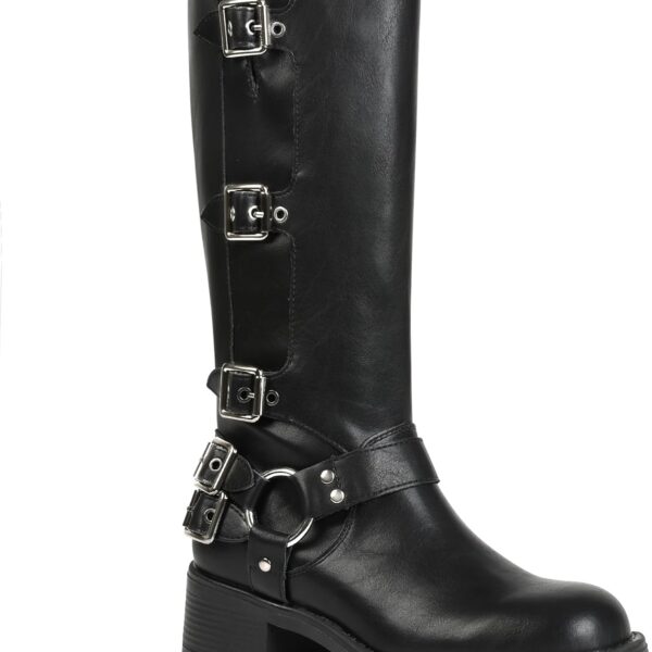 AMINUGAL Knee High Boots Women Square Toe Pull On Wide Calf Riding Fashion Buckles Chunky Metallic Casual Vintage Buckle Rivet