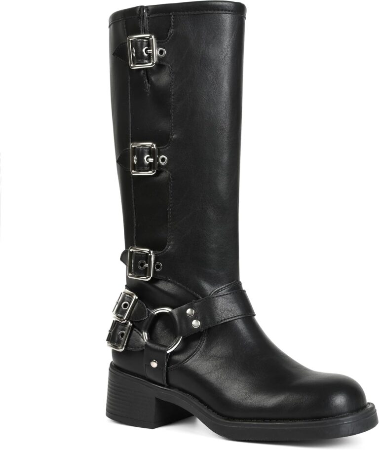 AMINUGAL Knee High Boots Women Square Toe Pull On Wide Calf Riding Fashion Buckles Chunky Metallic Casual Vintage Buckle Rivet