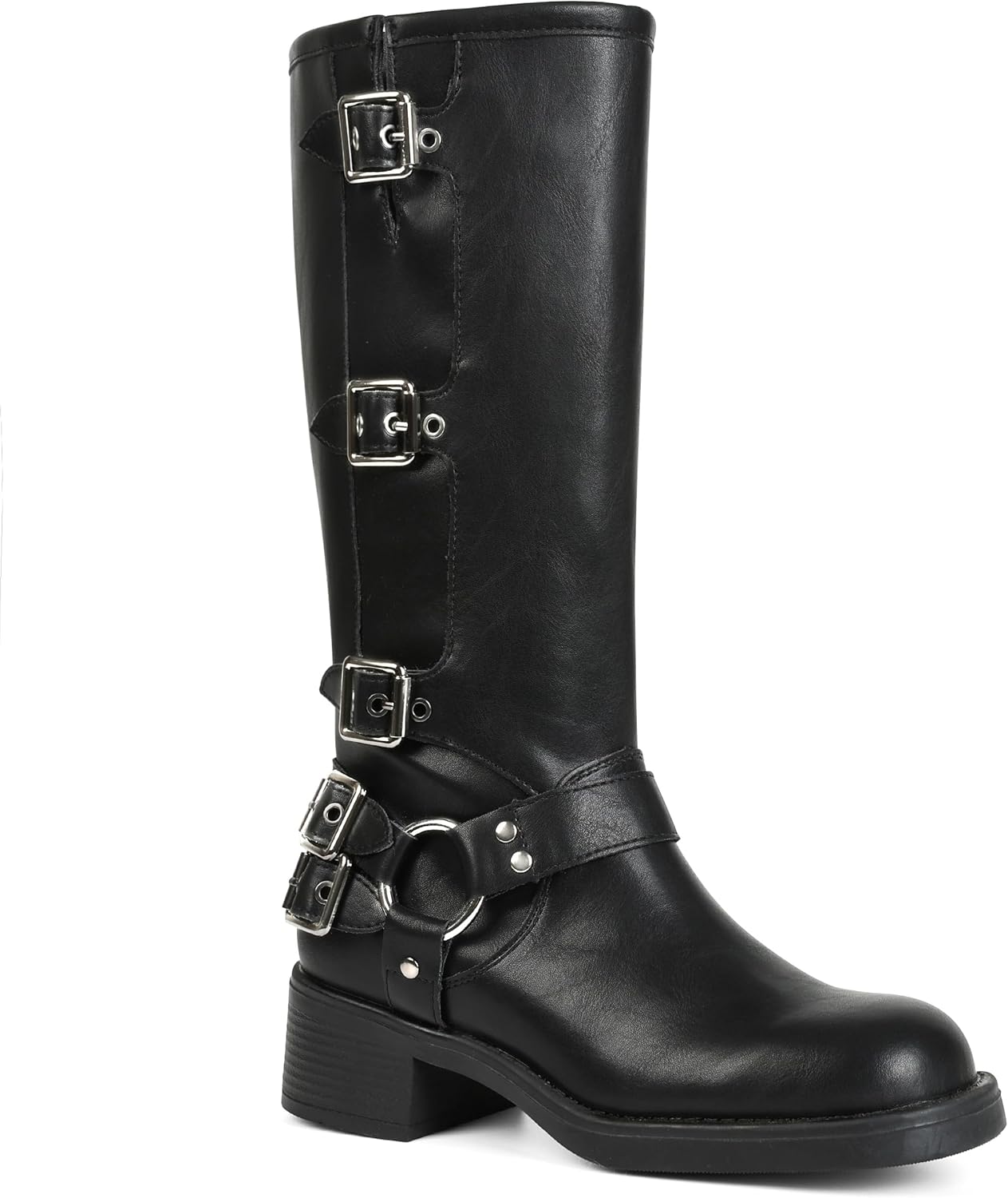 AMINUGAL Knee High Boots Women Square Toe Pull On Wide Calf Riding Fashion Buckles Chunky Metallic Casual Vintage Buckle Rivet AMINUGAL Knee High Boots Women Square Toe Pull On Wide Calf Riding Fashion Buckles Chunky Metallic Casual Vintage Buckle Rivet