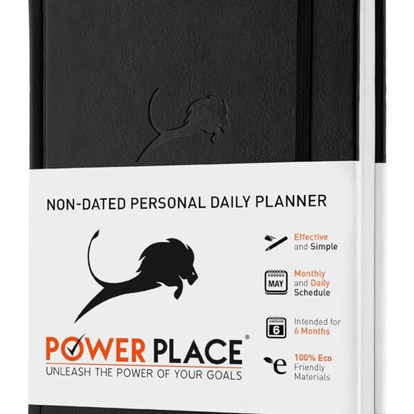 Daily Planner, Calendar & Life Organizer to Improve Time-Management, Productivity & Happiness | Vegan Leather Hardcover Notebook with Blank Dates, Undated 6 Months Hourly Planner for Men & Women, 24 Hour Agenda (Black)