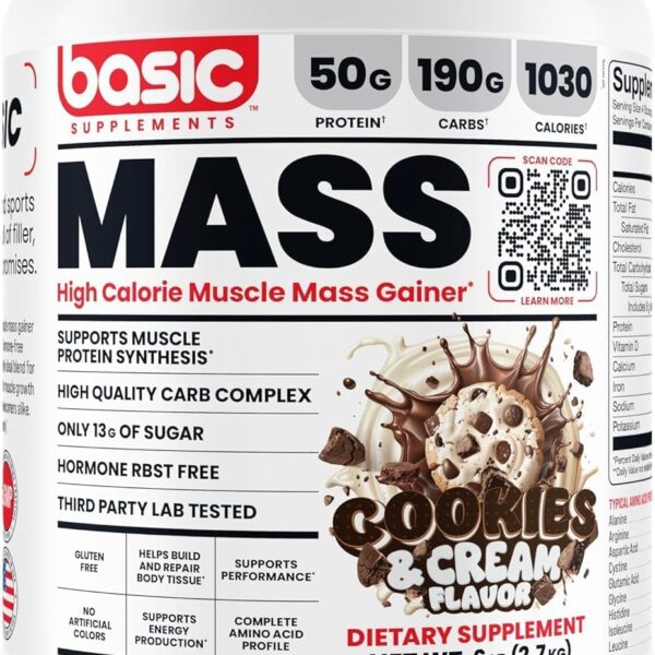 Mass Gainer Protein Powder, Supports Muscle Growth & Recovery, 50g Protein, 190g Carbs, 1030 Calories, Gluten-Free, RBST-Free, No Artificial Colors
